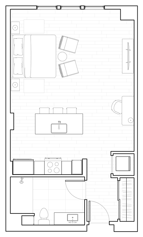 Floor plan for studio, 1 bath, 628 sqft